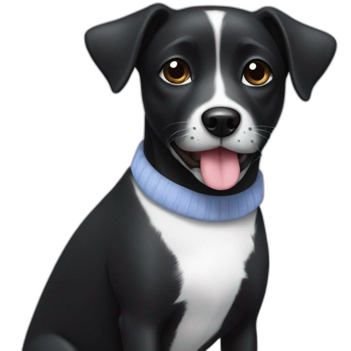 A small black dog with a White spot on stomach with sock in mouth emoji