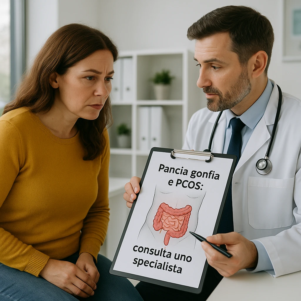 Donna seduta in uno studio medico, il medico le mostra un diagramma con la zona addominale evidenziata, espressione di attenzione, testo in italiano: 'Pancia gonfia e PCOS: consulta uno specialista', qualità 4K emoji