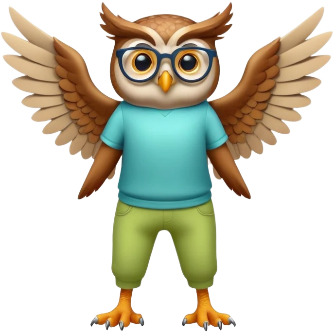 friendly anthropomorphised owl with wings instead of arms, colourful pants and shirt, wearing glasses, walking upright, unique pose 2 emoji