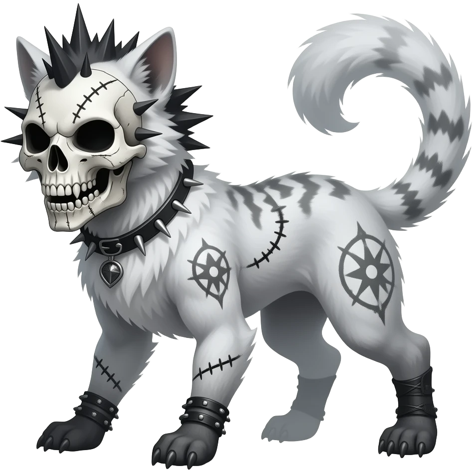 smexy skull-masked spiky punky gothic bleak swampy white-skeletal gloomy dark pale albino foggy eldritch beautiful realistic edgy fantasy ghoul-like stitched vernid-sergal-fursona animal creature with a tufted tail full body with intricate markings emoji