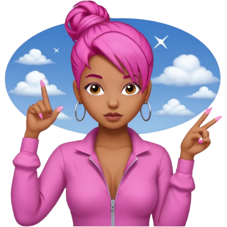 Brownskin girl , pink hair , edges ,  sassy looking pointing at the sky while pouting, pink nails, hair a slick back bun, with a pink jumpsuit  emoji