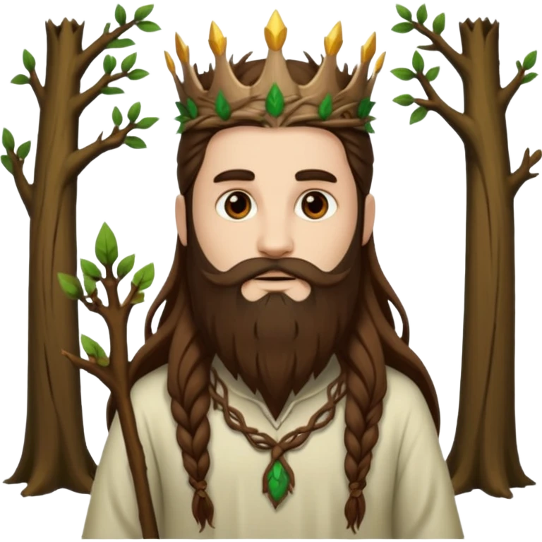 full body man long brown hair brown eyes medium beard white skin forest spirit with root crown emoji