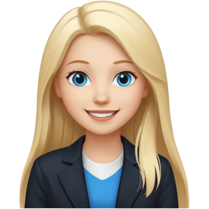 A white girl with long straight blonde hair, blue eyes and a white dress with a black jacket smiling emoji