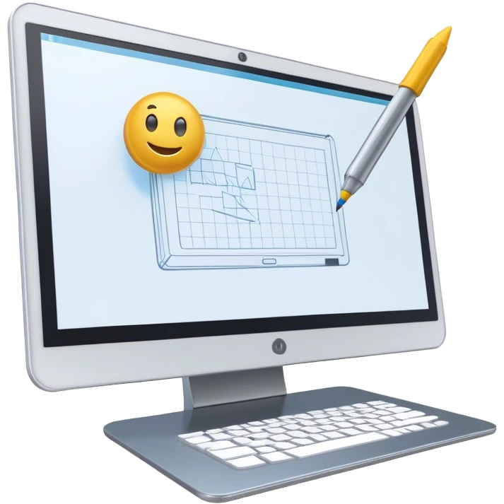 Create an emoji for 3D visualization and modeling. Show wireframe model that pops out from the screen of a large graphic tablet with a stylus drawing in a 3D modeling program. Use modern, professional colors. Do not include any emojis or smiley faces. Make the background transparent. emoji
