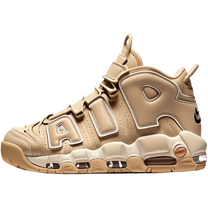 Simple clean pair of beige Nike Air More Uptempo sneakers arranged as a matching pair, minimal detailing but with distinct AIR lettering emoji