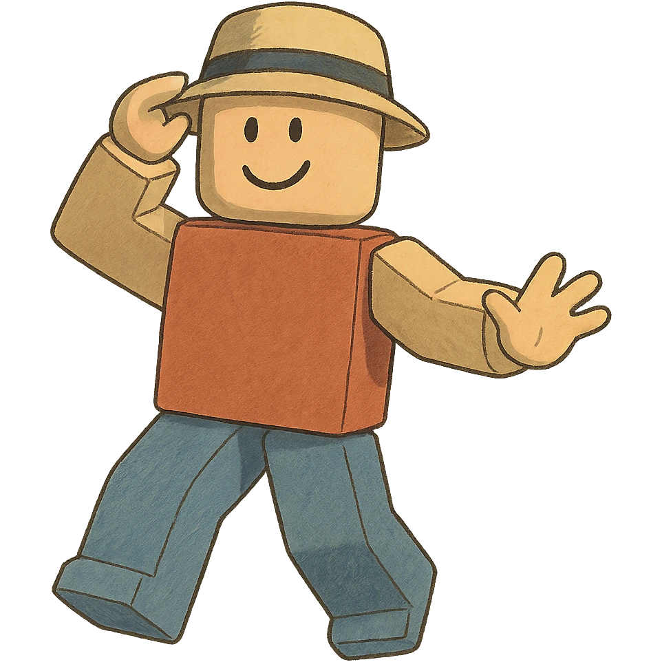 roblox character, blocky avatar, wearing a hat, playful pose, ghibli style emoji