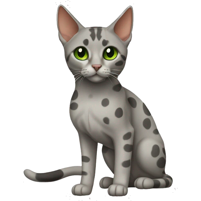 Short-haired oriental cat ,full body , grey coat with spots , green eyes , terracotta nuzzle emoji