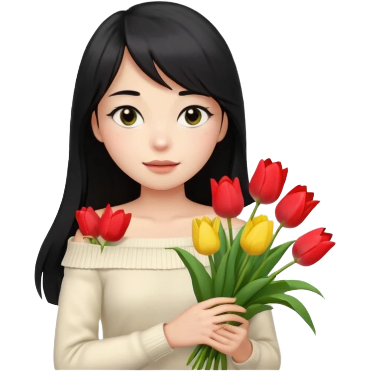 a girl with long black hair, thin bangs, black eyes, wearing a cream off-shoulder sweater, holding a bouquet of tulips, emoji style, with a gentle expression emoji