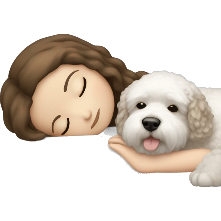 White girl brown hair sleeping with Mini Bichon emoji