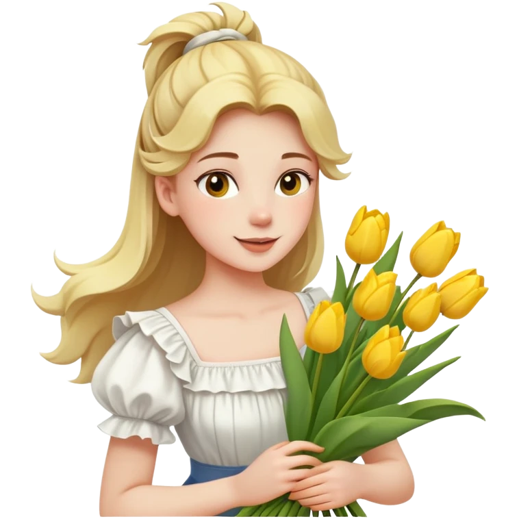  A girl with a half-up half-down hairstyle, and a white ruffled top, enjoying the spring breeze.Holding a bundle of yellow tulips emoji
