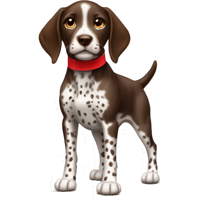 Brown spotted German short haired pointer puppy with ticking with red collar  emoji