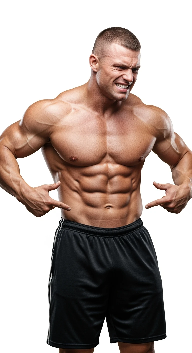 BODYBUILDER CHE SI INDICA I FIANCHI CON ESPRESSIONE AFFLITTA, ISOLATO SU SFONDO BIANCO, IPERREALISTICI 4K emoji