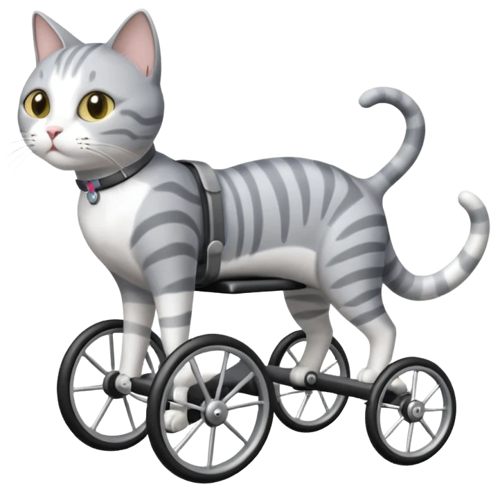 grey and white cat in a cat walking wheelchair emoji