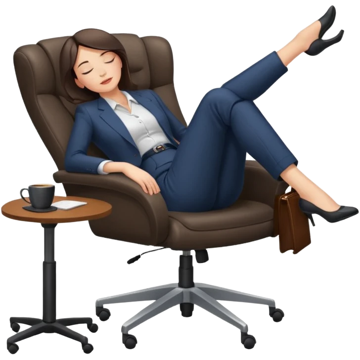 Boss sleeping in a chair with her legs up on the desk emoji