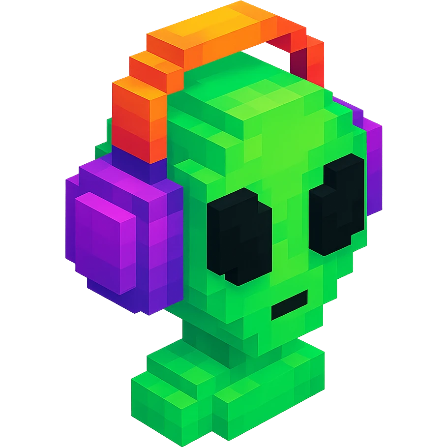 green alien with big black eyes wearing large over-ear headphones, isometric view emoji