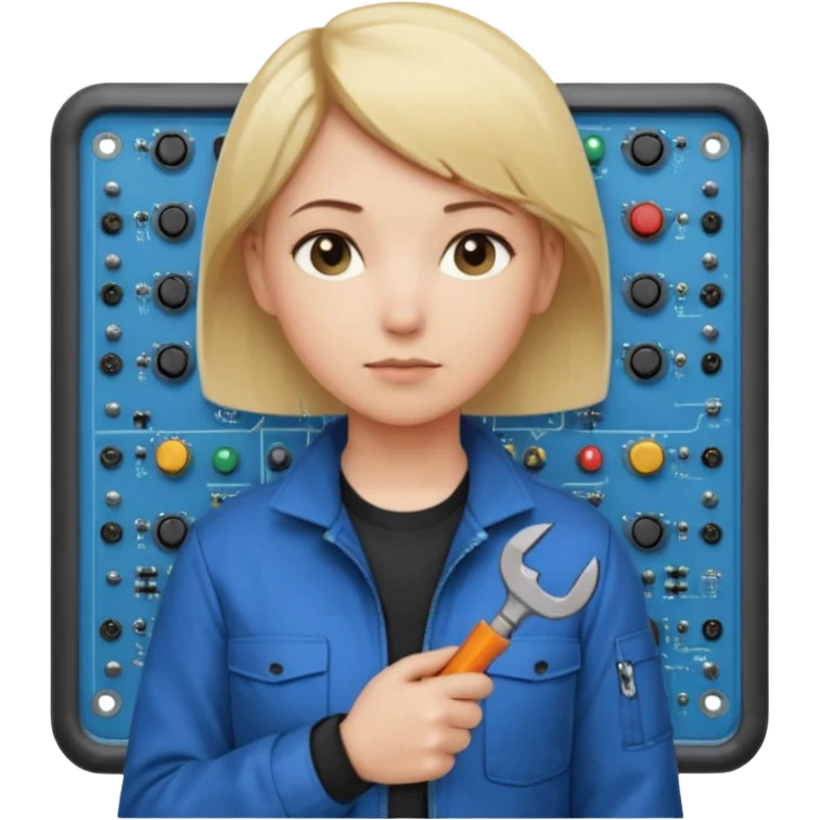 Calm and independent female engineer, fair skin, short straight blonde hair tucked behind the ears, neutral but focused expression, wearing a fitted blue utility jacket over a black crew-neck top, holding a small wrench in one hand and a circuit board in the other, waist-up, front-facing emoji