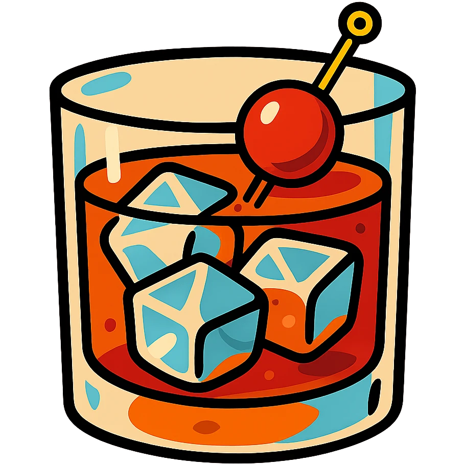 Manhattan cocktail in a short glass with ice, vibrant cartoon style, bold colors, playful look emoji