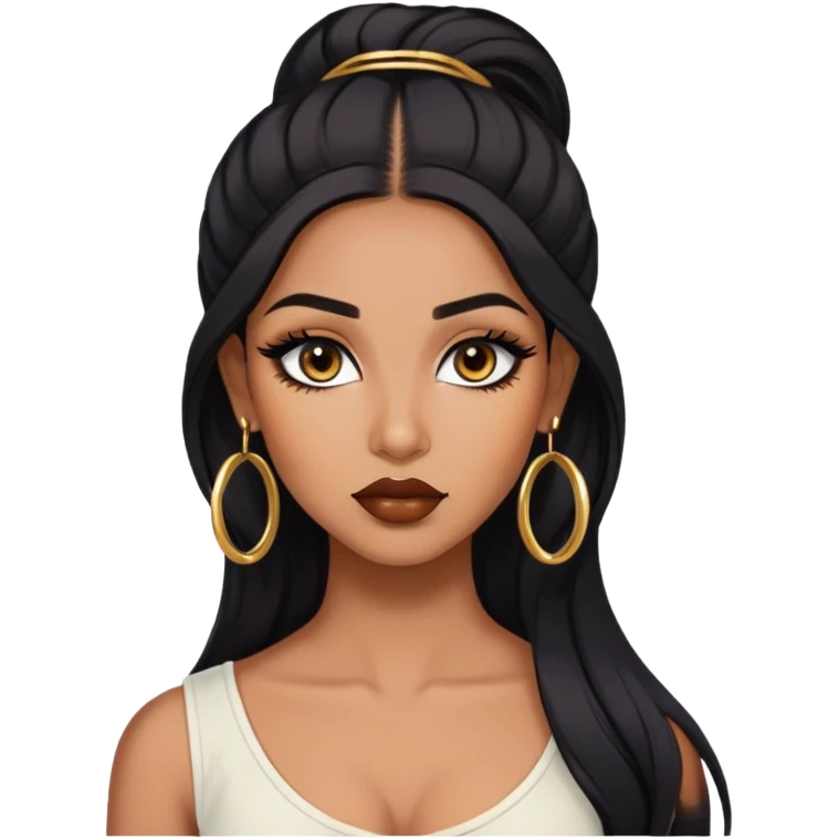 indian girl, brown skin, long black voluminous hair, brown underneath colored hair, baddie,pretty, makeup, lipliner, black eyeliner, gold hoop earrings, white top emoji