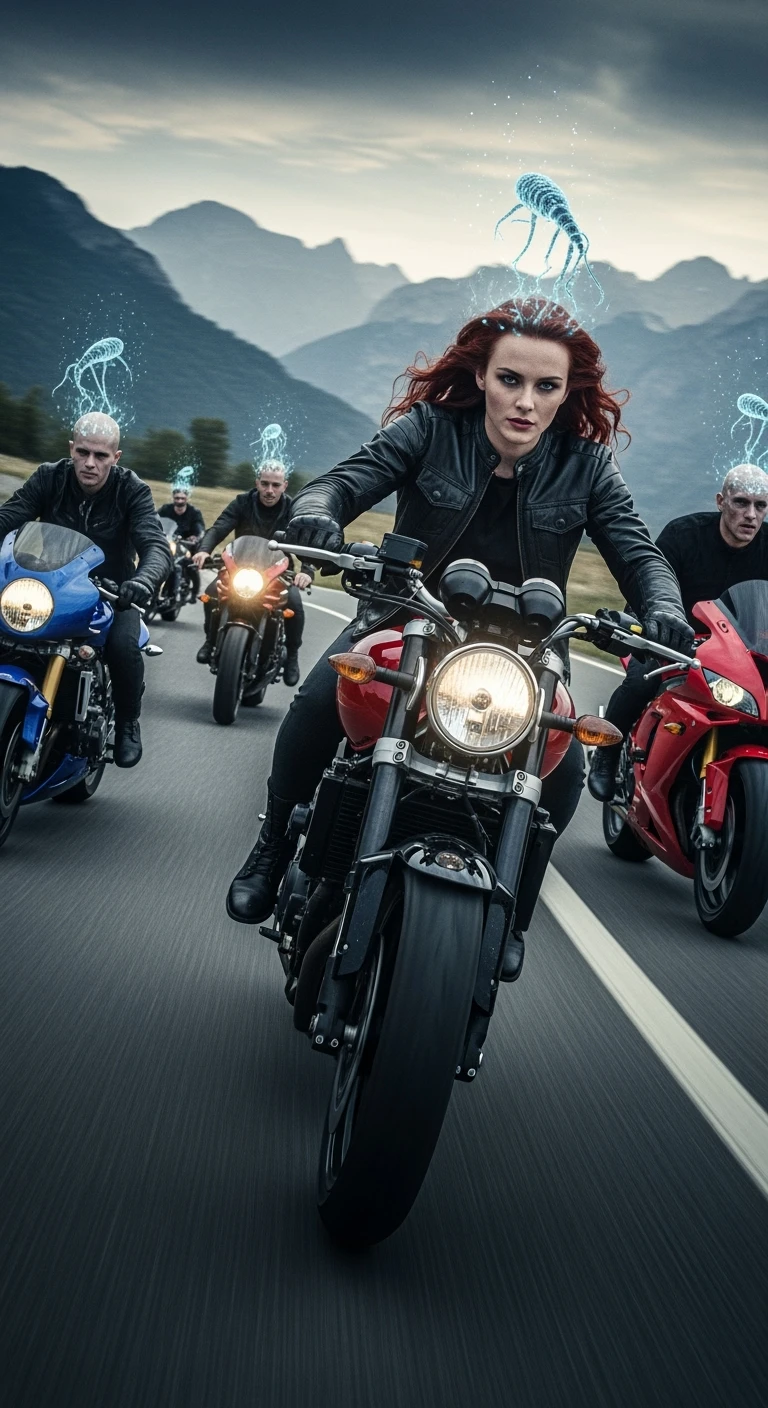 A group of motorcyclists riding aggressively along a winding mountain road at high speed. Their expressions are eerily calm and fearless. Faint, translucent parasite-like forms (symbolizing Toxoplasma gondii) overlay their heads or brains, emitting a subtle glow. emoji