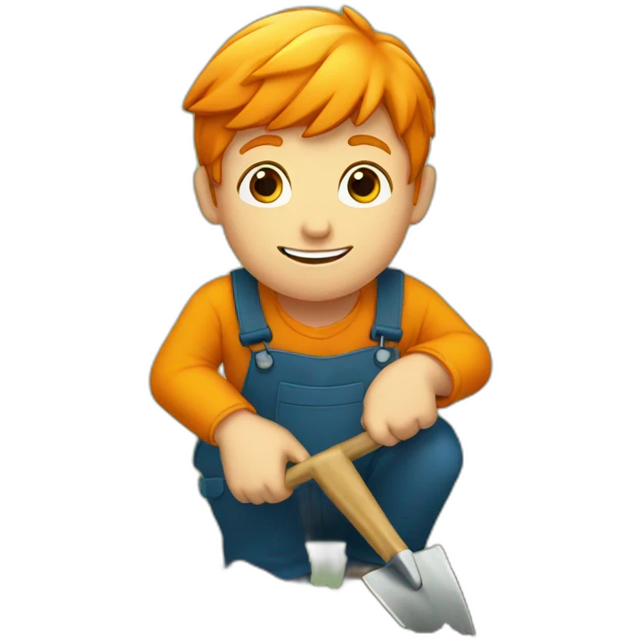 Orange haired Boy digging for worms with spade emoji