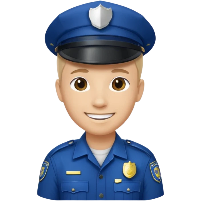 This is a cartoon-style avatar of a police officer with light skin, wearing a dark blue cap featuring a silver badge, and showing a smile expression. emoji