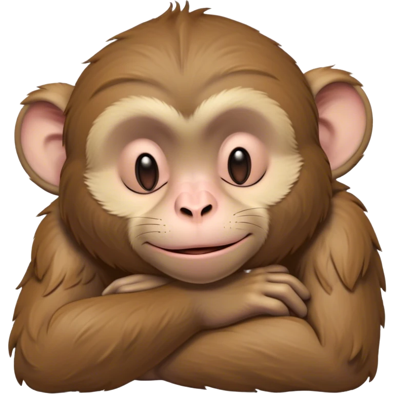 Beautiful and Majestic Cheeky Macaque Portrait Emoji, Head resting in a relaxed, contented smirk with eyes half-closed in a dreamy, playful slumber, showcasing soft, gently ruffled fur and a compact, agile build, Simplified yet exquisitely endearing features, highly detailed, glowing with a soft, radiant light, high shine, serene yet mischievous, stylized with an air of refined playful charm, soft glowing outline, capturing the essence of a beautiful and majestic macaque that embodies both cheeky humor and gentle elegance! emoji