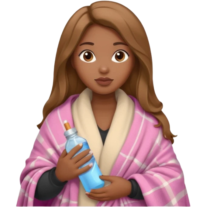 Curvy, light brown long hair, pretty black girl light pink lipgloss wrapped in blanket holding a brown cigarette and water bottle  emoji