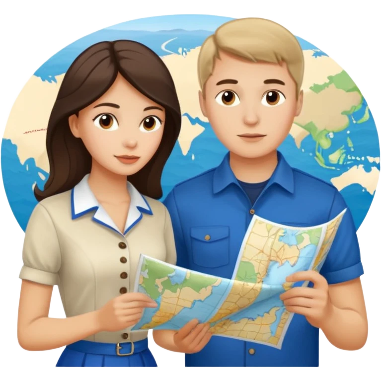 Russian young man and elegant fair-skinned Latina girl in costal outfits with a map planning  emoji