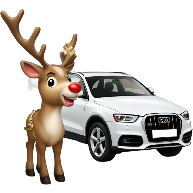 A reindeer harnessed to A white Audi Q3 with a red bridle and golden bells, set in a snowy winter scene. emoji