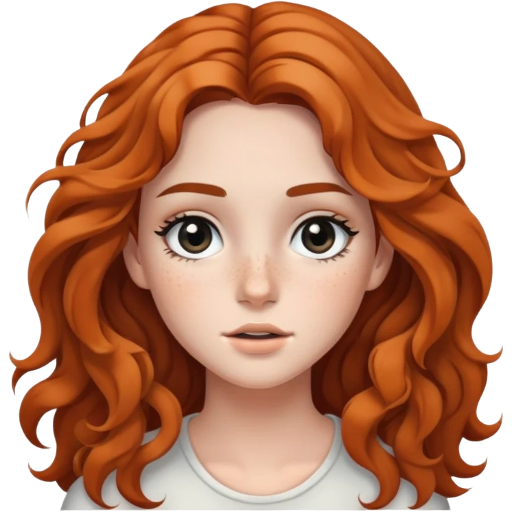 girl with wavy long hair, striking black eyes, subtle makeup, and scattered freckles emoji