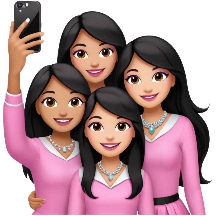3 besties with professional glammed up looks wearing pink and white, medium skin tone smiling big with black long hair. Very girly wearing jewelry, taking a selfie  emoji