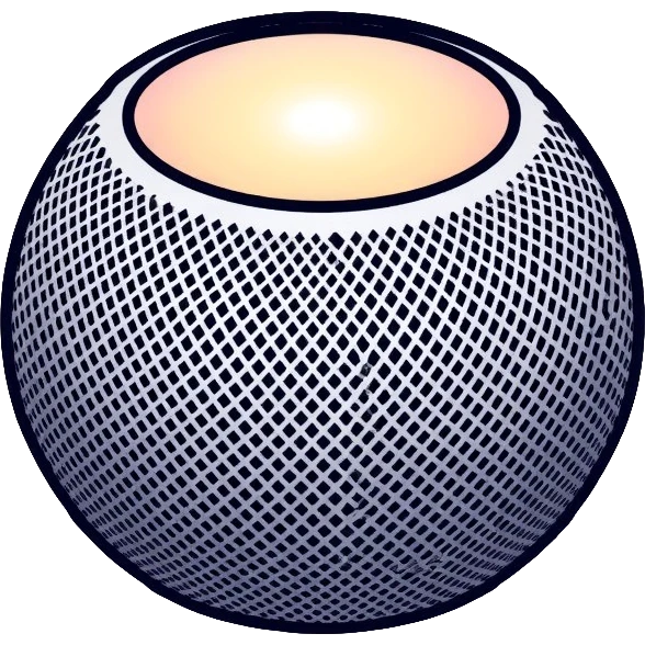 Modern Apple HomePod mini smart speaker, spherical compact design with touch interface on top, minimalist aesthetic emoji