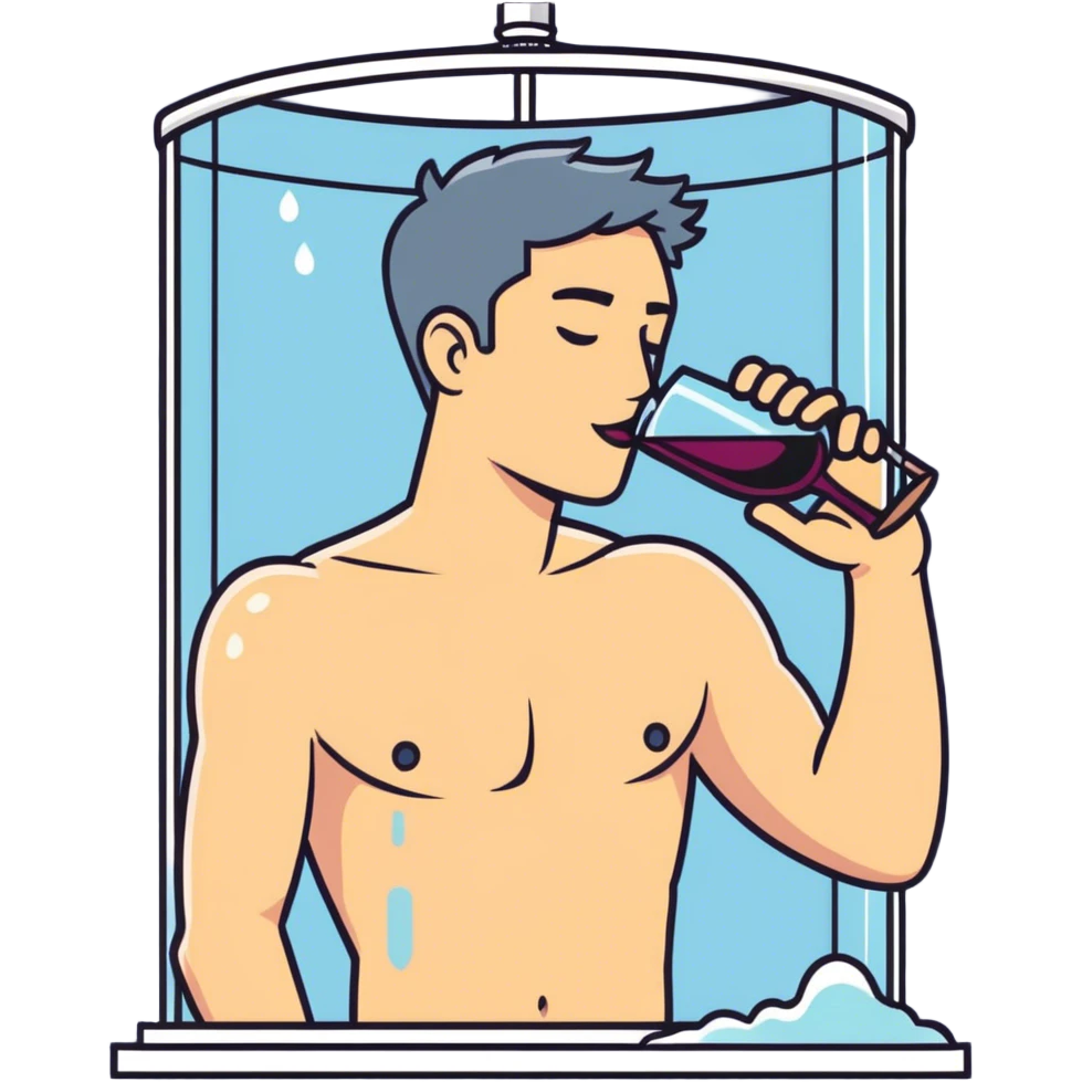 Scott drinking wine in the shower without a shirt emoji