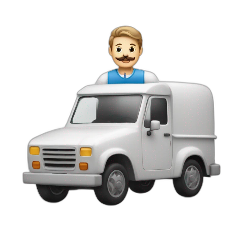 Un homme avec une moustache dans une camionette blanche emoji