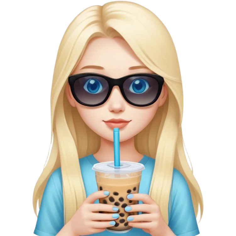 Blonde girl with pale skin and blue eyes and long hair and black sunglasses with boba tea emoji