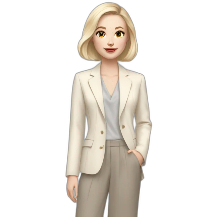 pale skin woman with ash blonde Straightened bob Hair, White Spacious classical jacket, beige palazzo Arrow pants and gray blouse holding a color palette in the hands emoji