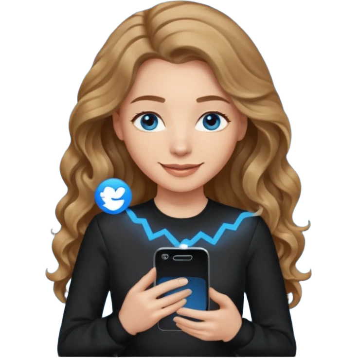 generate a pretty woman with blue eyes, light skin and medium brown long and really wavy shiny hair holding a phone she is looking at the phone while looking down at the screen. she is wearing an ALL black long sleeve. she is smiling emoji