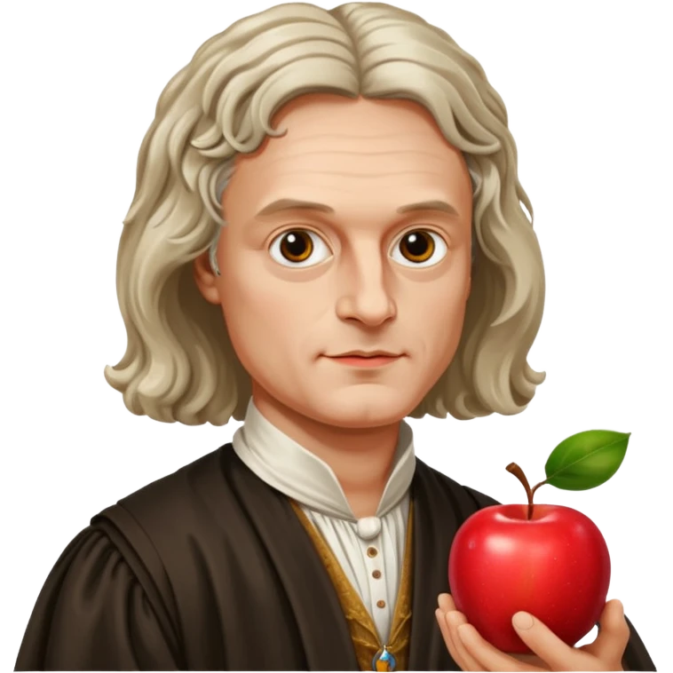 Isaac Newton wearing 17th-century aristocratic attire, hold an apple emoji