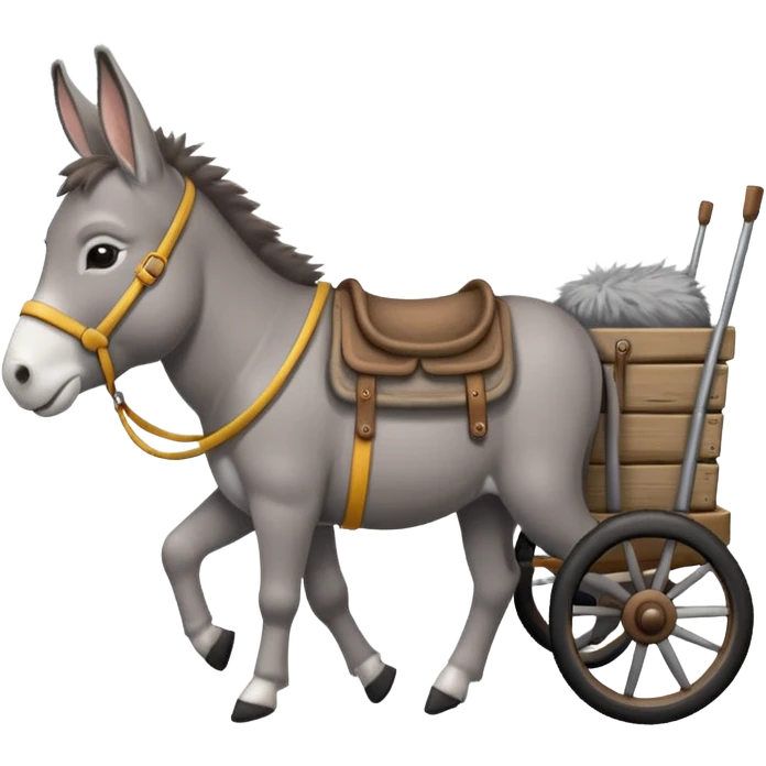 donkey attached to a small wagon, side view, cheerful and friendly emoji