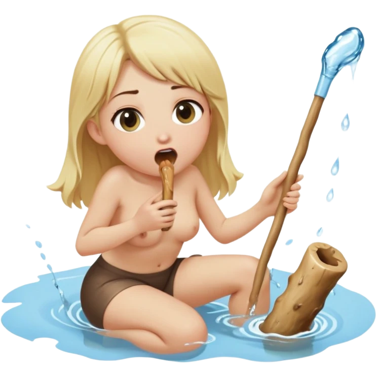 blond woman sitting on her knees, eating a wide stick with a half-round D-shaped knob, both the stick and knob are the same color as her skin, the knob has visible skin texture, water stream squirting from the flat side of the knob into her open mouth, surprised expression emoji