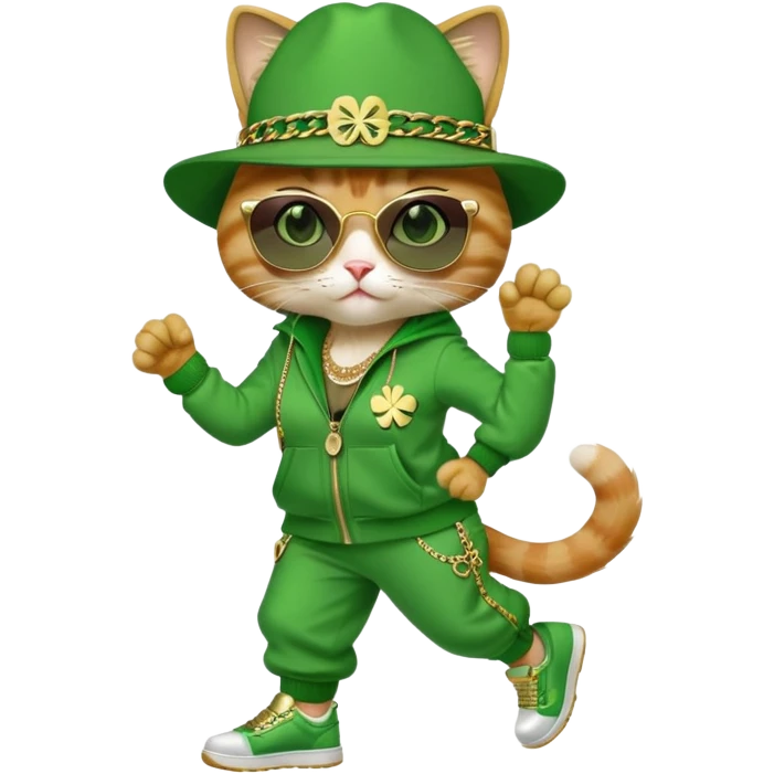 female cat in hip-hop Run DMC outfit, green tracksuit, fedora with shamrock, dark sunglasses, gold chains, bling accessories, St. Patrick's Day theme emoji