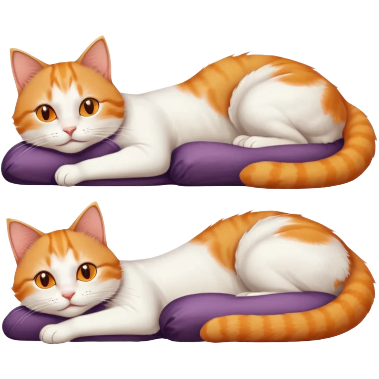 ginger and white cat with orange eyes doing a big extremely long stretch reaching up into the air with arms and legs side by side together straight and overextended whilst lying on its side emoji