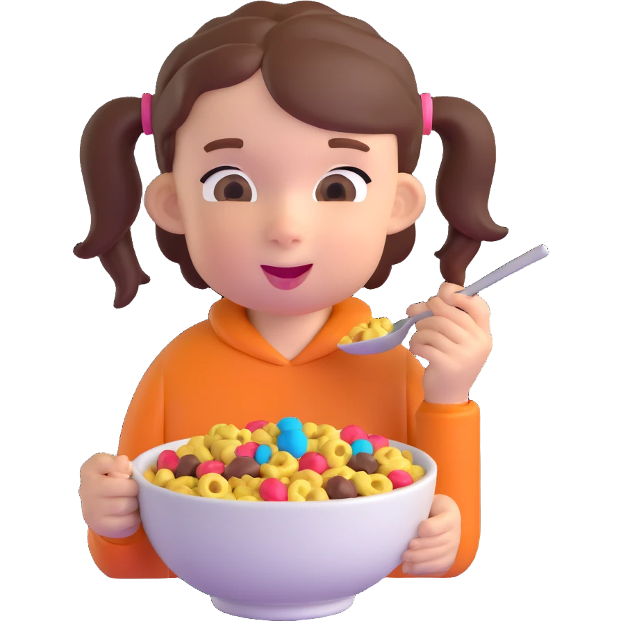 kid with pigtails eating a bowl of chocolate cereal emoji