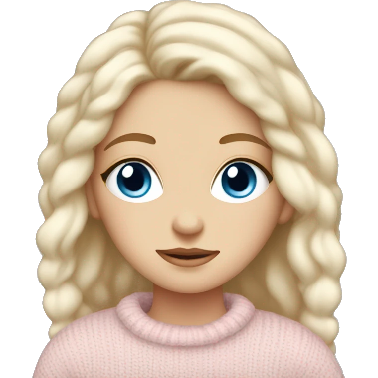 Pretty blue eyed white girl with light pink sweater reading cozy emoji