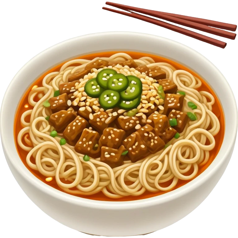 Wuhan hot dry noodles with sesame paste and pickles, simplified emoji style with bold outlines and bright colors, cartoon style Hubei breakfast Re Gan Mian emoji