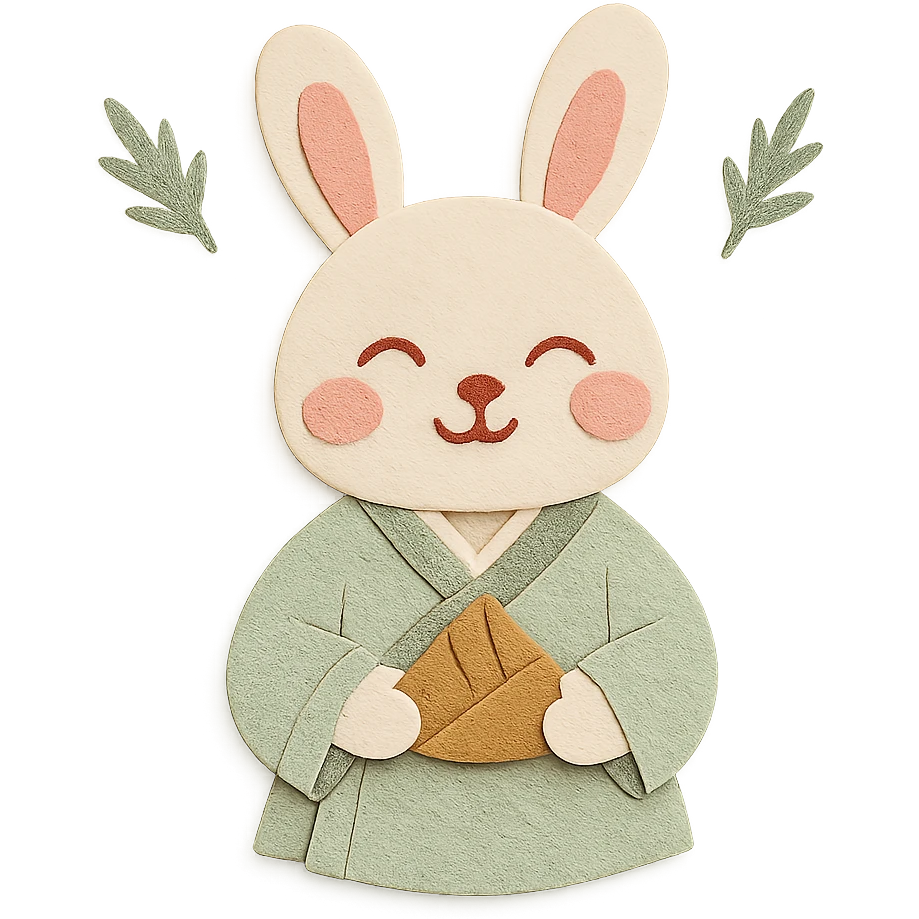 a small rabbit wearing light green Hanfu, holding a light brown zongzi, smiling with eyes closed, with faint mugwort leaves floating in the background, Chinese style, soft color tones, paper craft style emoji