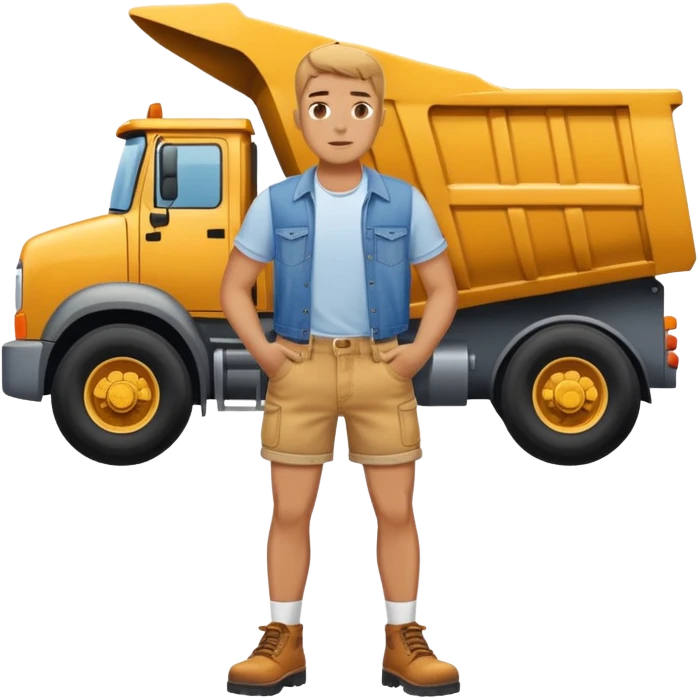 Man with extremely small denim shorts standing in front of a dump truck  emoji