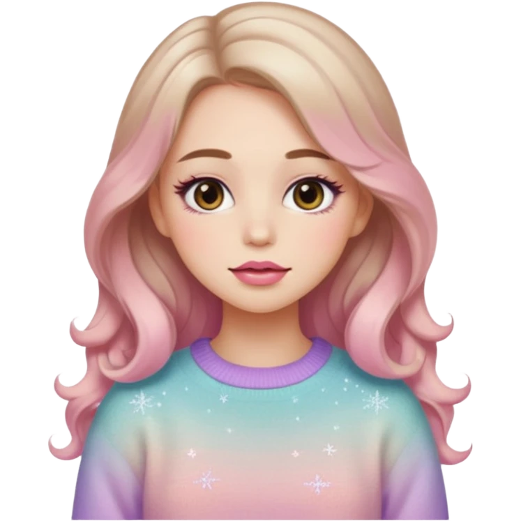 “Emoji girl, soft eyeliner, gradient rose lips, light brown shimmer eyeshadow, sparkly aegyo-sal, long wavy hair, cozy pastel sweater.” emoji