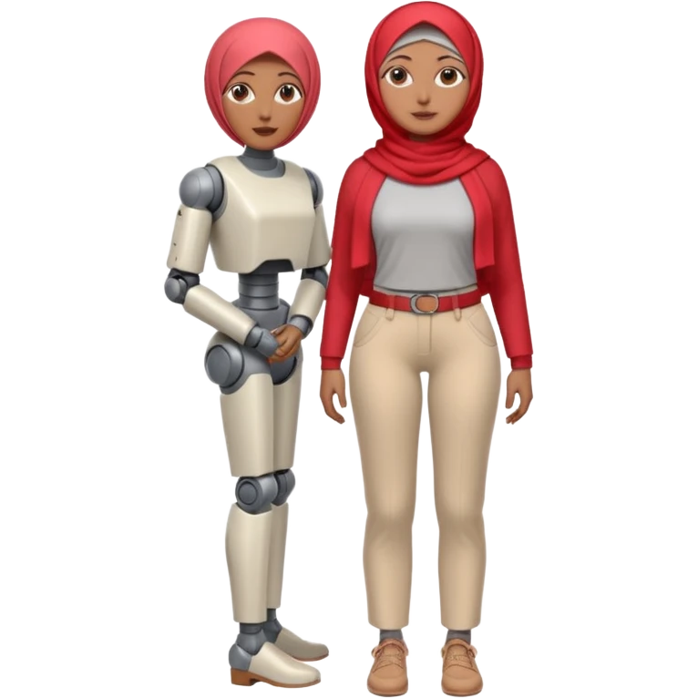 Heavy-set woman with medium-brown skin wearing a light red hijab, cream top, light red pants, tan shoes, and a grey robot leg. Standing confidently with one hand on her hip emoji