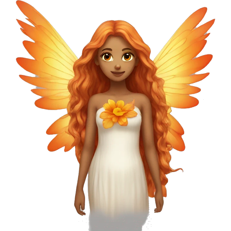 big wings, flower, Beautiful, fairy, gold, orange,red, long hair emoji